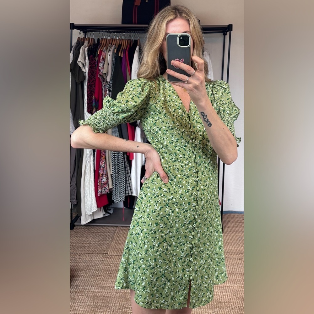 Reformation Green Alison Floral Button Down Short Puff Sleeve Mini Sun Dress - Picture 3 of 14